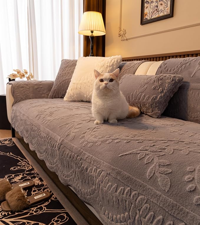 Grey Fuzzy Rabbit Plush Sofa Cover Cozy Warm Sofa Couch Covers with 3D Jacquard Leaf Pattern Non-Slip Easy-to-Install Shaggy Sofa Slipcover Prefect for Kids Dogs Cats Cats(Grey,36"x102")