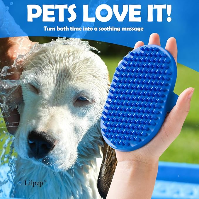 Lilpep Dog Bath Brush, Rubber Pet Shampoo Brush with Silicone Bristles for Massaging Grooming, Removing Short Haired Dogs Cats Shedding, Tangles and Dead Undercoat 2pcs (Blue+Red, plum brush)