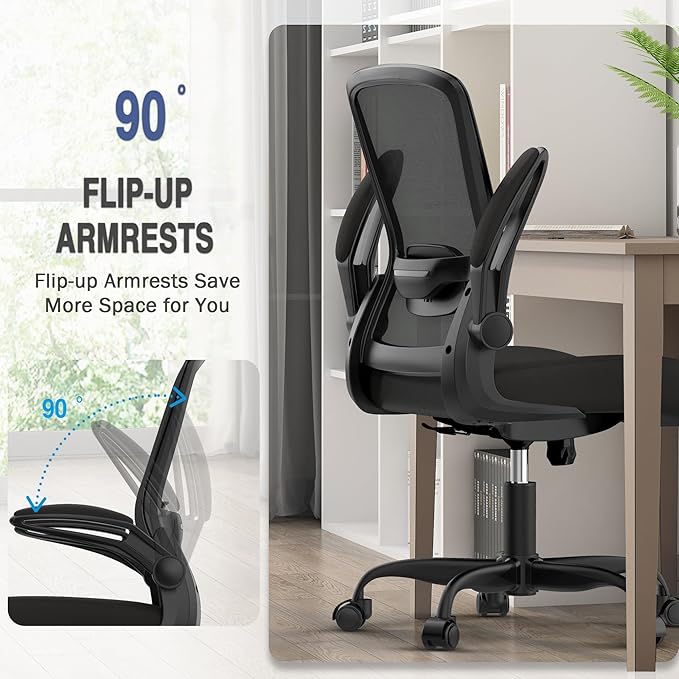 Mimoglad Ergonomic Office Chair - BIFMA Certified, Flip-up Armrests & 135° Recline, Adjustable Lumbar Support - Space-Saving Task Chair for Business/Team Office & Home (Black, 300lbs)