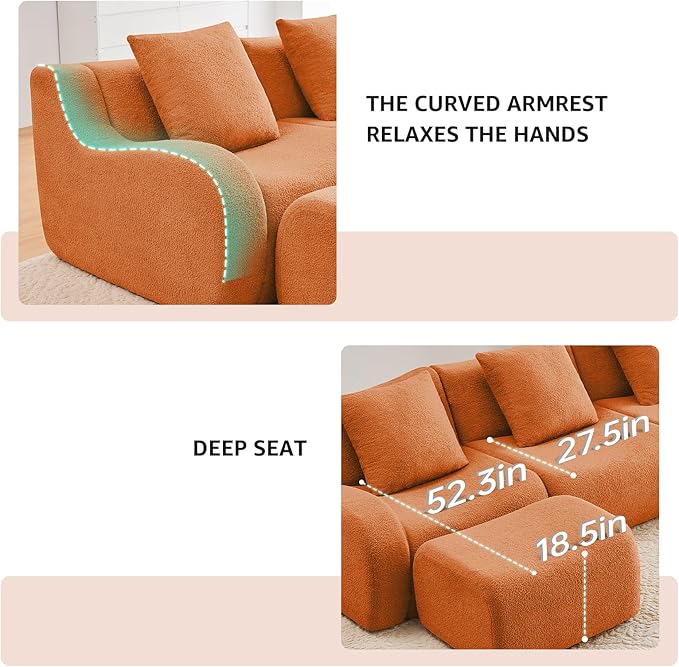 Orange 4-Seater Cloud Couch, Modern Teddy Fabric Boneless Sectional Sofa in a Box for Living Room, Modular Floor Couch, Comfortable Deep Seat, No Assembly Required, Sofas para Sala