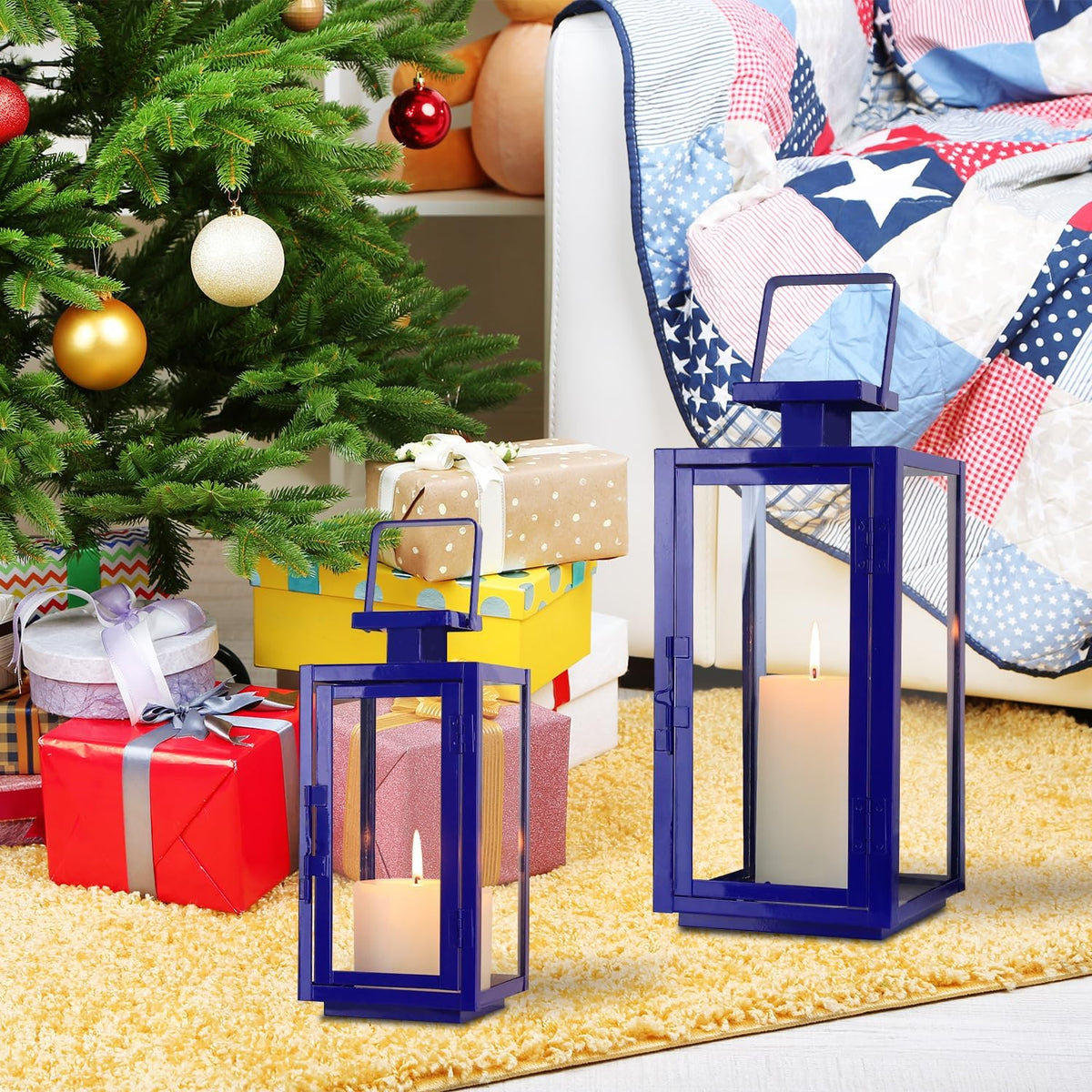 DECORKEY Lantern Decorative Outdoor&Indoor, 17''&13'' Set of 2 Blue Metal Candle Lanterns Decor, Modern Hanging/Tabletop Candle Holders for Home Porch Patio Wedding Christmas Fall Decorations