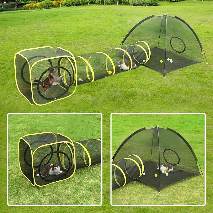 Outdoor Cat Enclosures for Indoor, Portable Mesh Tent, Outdoor pet Tunnel, Cat Playhouse with Adjustable Cat Harness and Leash for Walking, Colorful Tease Ball for Small Animals