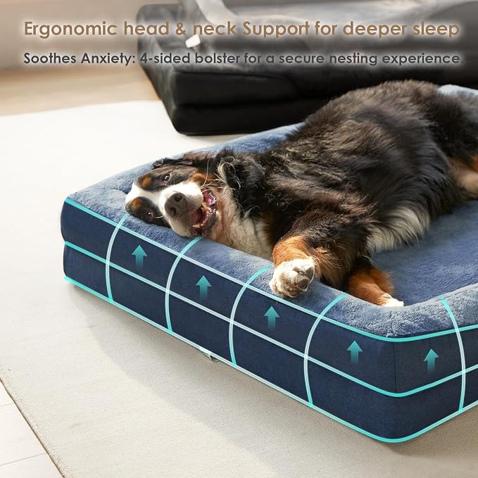 EHEYCIGA Orthopedic XXL Dog Bed for Large Dog, Memory Foam Dog Couch, Navy | 52x41 Inch Extra Large Sized Dog Sofa with Sides, Waterproof Liner & Washable Removable Cover, Bolster Pet Couch