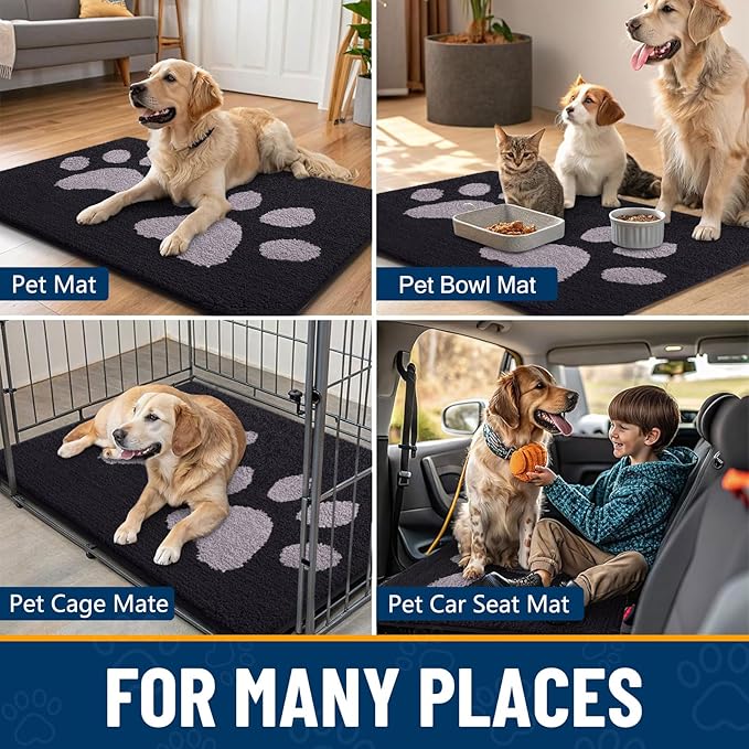 Smiry Dog Door Mat for Muddy Paws, Absorbs Moisture and Dirt, Low-Profile Entryway Mat with Non-Slip Backing, Entry Indoor Outdoor Doormat for Inside Floor (48x30 Inches, Black and Grey, Paw)