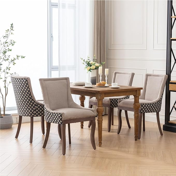 Farmhouse Dining Chairs Set of 6, Upholstered Fabric Dining Room Accent Chairs with Wood Legs & Bronze Nailhead, High Wingback Kitchen Chairs for Living Room Hotel Apartment, Beige Patterned