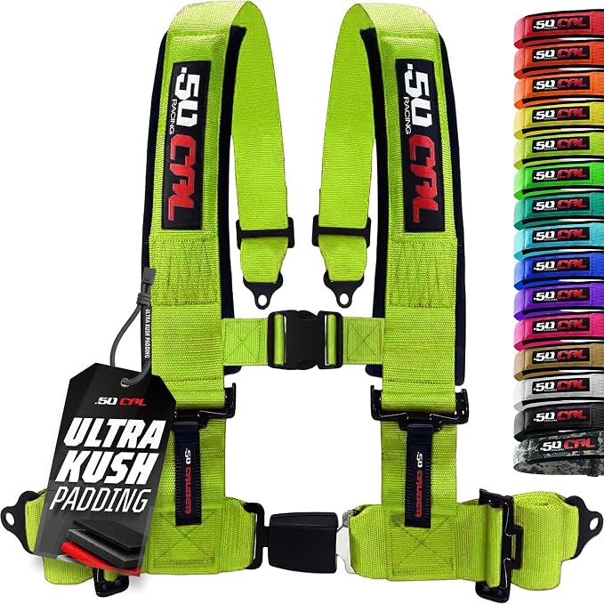 1pc 50 Cal Fluorescent Green 4 Point Harness 2in, Racing Harness Seat Belt | Ultra Kush padding, Push Button quick release hardware. Universal Fit for UTV, RZR, race car