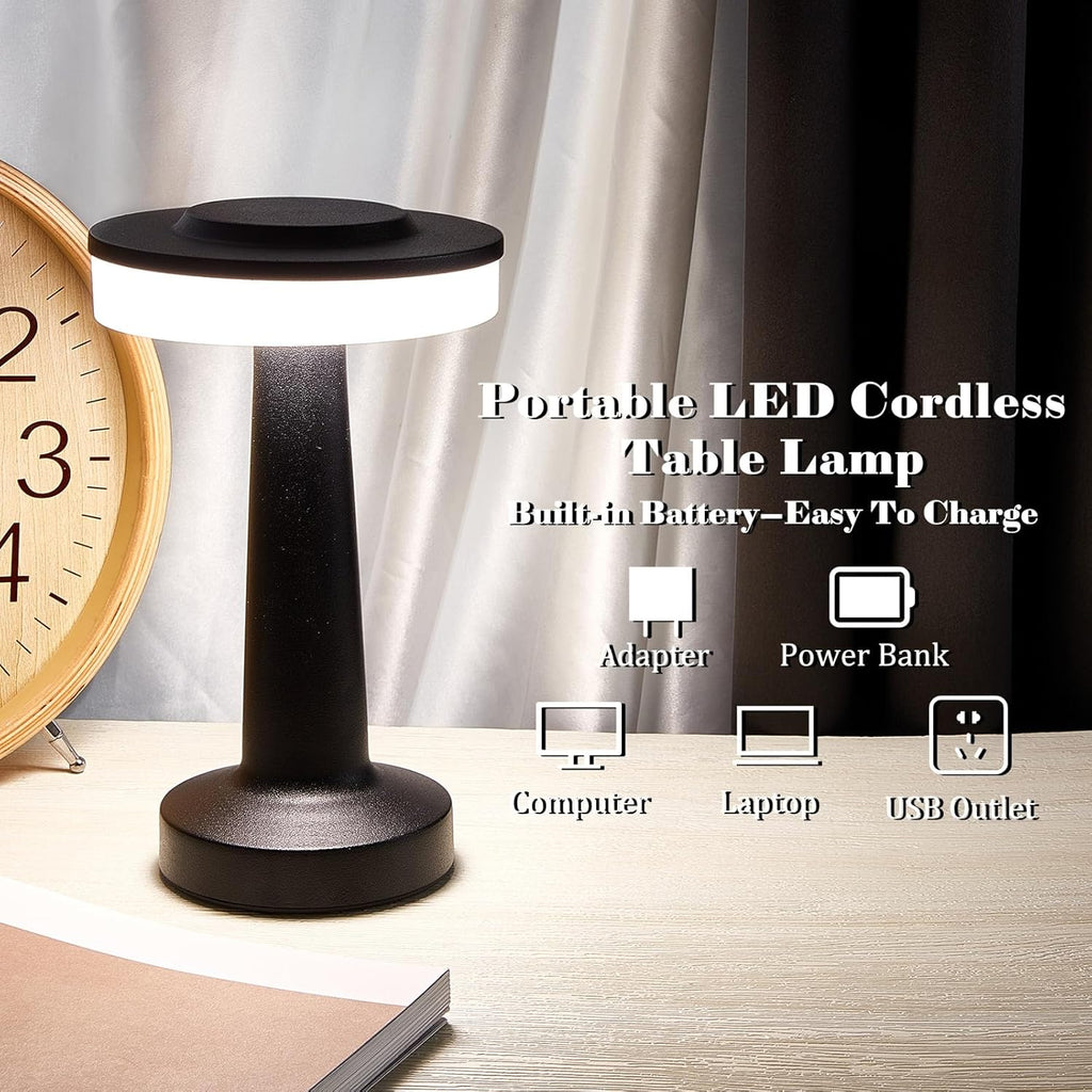 VIHOSE Set of 8 LED Portable Cordless Table Lamp with Touch Sensor 3 Color Stepless Dimming Rechargeable Battery up to 15 Hours Cordless Table Light Wireless Lamp for Nursery(Black)
