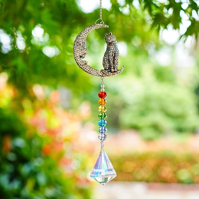 H&D HYALINE & DORA Crystal Suncatchers Moon Cat Sun Catchers Hanging Ornament with Chakra Beads Prism Pendant Pet Memorial Suncatcher Rainbow Maker for Home Indoor Outdoor Decor