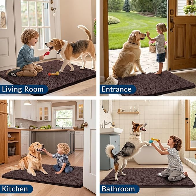 Smiry Dog Door Mat for Muddy Paws 59x32, Absorbs Moisture and Dirt Doormat, Non-Slip Washable Quick Dry Chenille Front Door Mat Indoor Entrance, Entryway Carpet for Inside Floor, Brown