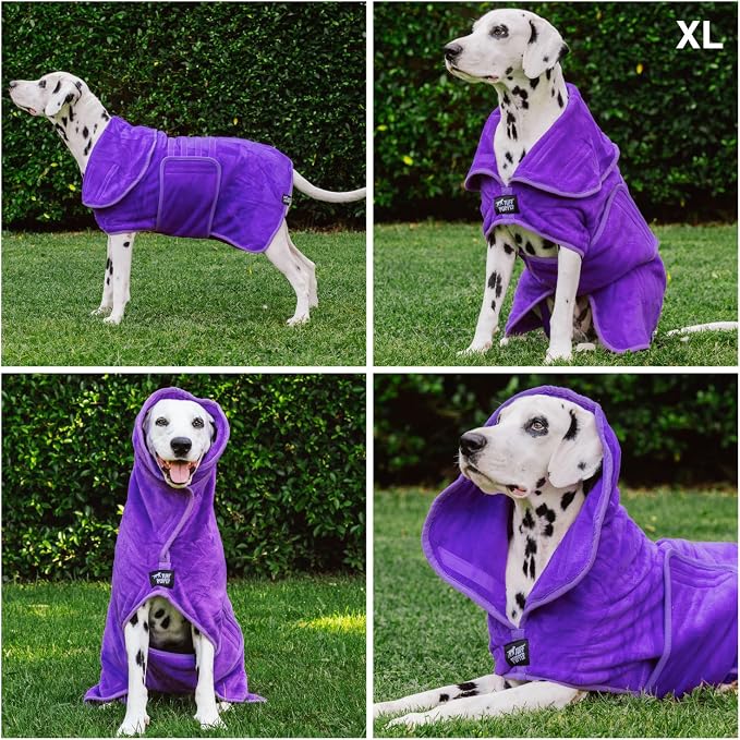 Tuff Pupper Fast Drying Dog Bath Robe | 800 GSM Plush Dog Towel Bathrobe/Dressing Gown | Super Absorbent Pet/Puppy Bathrobe | Adjustable Hood & Belly Strap | Super Soft | Fast Drying (XL, Purple)