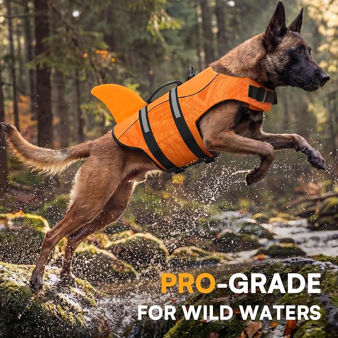 Dog Life Jacket High Flotation, Reflective Dog Life Vest for Swimming, Adjustable Dogs Life Preserver Rescue Handle Spring Summer Pool for Small, Medium, Large Dogs (OrangeLines,XS)