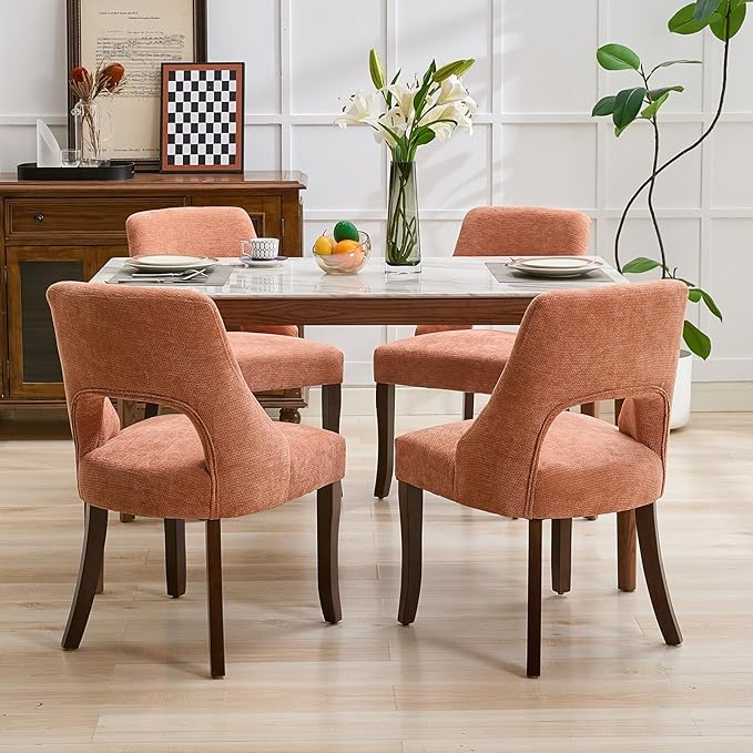 UVV Wooden Dining Chairs Set of 4, Mid Century Modern Upholstered Dining Room Chair Kitchen Chairs, Chenille Dinner Chair with Solid Wood Legs for Kitchen Dining Room, Orange-Chenille