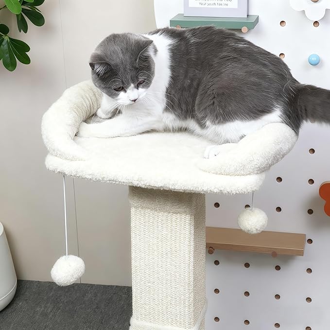 34" Cat Scratching Post for Indoor Cats, Sisal Cat Scratcher with Large Plush Perch, Vertical Posts with Elevated Bed and with Two Dangling Balls, Removable & Washable Cover, Beige White