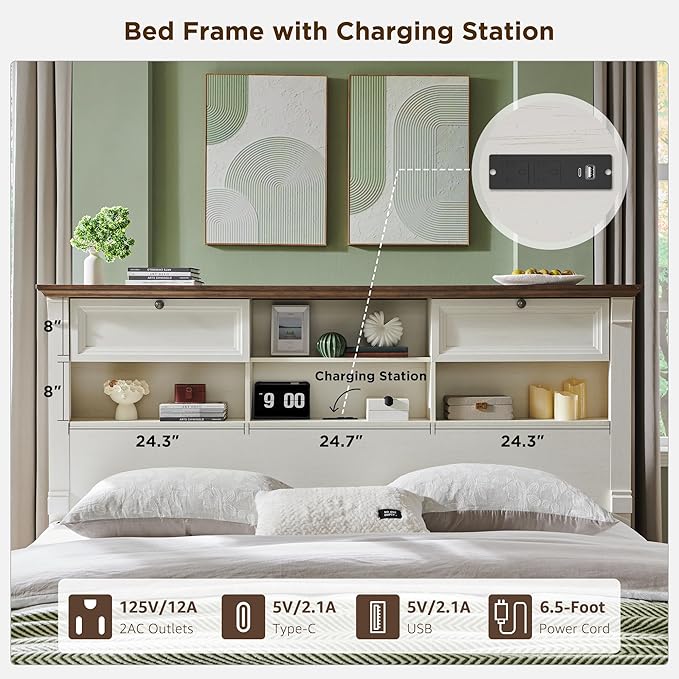 Farmhouse King Size Bed Frame with 54" Tall Storage Bookcase Headboard, Wood Platform Bed Frame with 2 Drawers & 18" Tall Roman Column Decoration Footboard, No Box Spring Needed(Antique White)