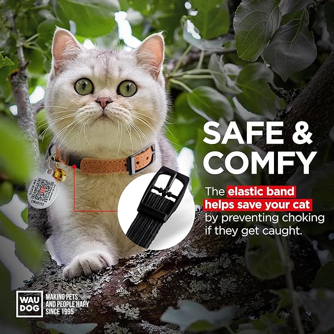 Leather Cat Collar with Bell and Safety Elastic Strap Breakaway Alternative for Small & Large Kittens, Stylish Pet Leather Collar for Boy, Girl Cats with Metal Buckle & QR ID Tag (Brown)