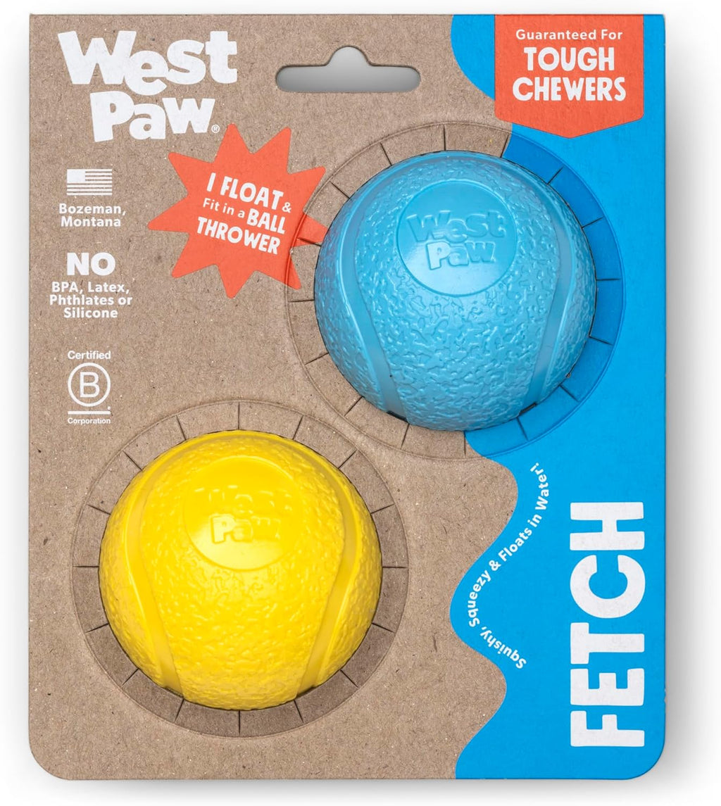 WEST PAW Boundr Ball Dog Fetch Toy – Bouncing Toys for Dogs, Fetch, Catch, Chewing, Play – Floatable, Recyclable Balls – Small Aqua Blue/Dandelion Yellow 2-Pack