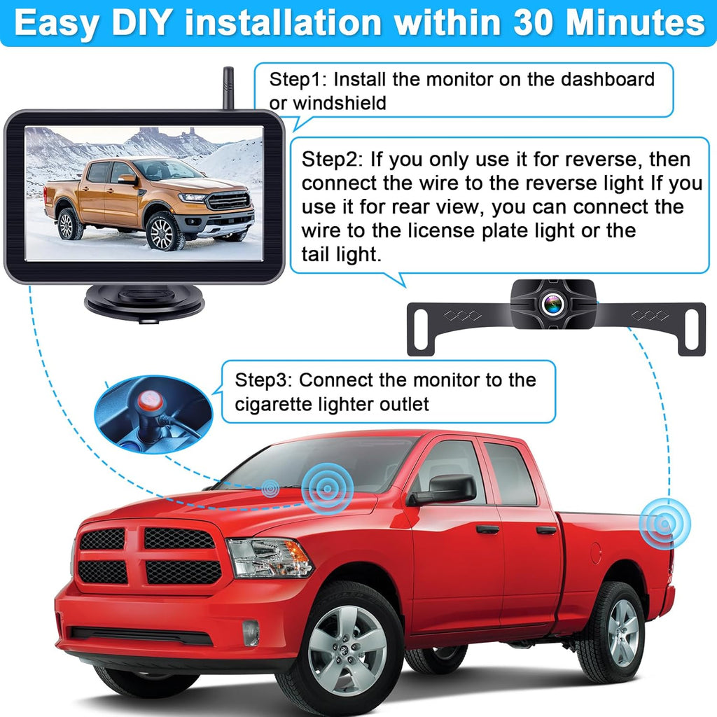 7-Inch Wireless Backup Camera for Truck - 2 Channel, DIY Grid Lines, HD 1080P, Night Vision, IP69K Waterproof, Backup Camera for Truck, Pickup, Trailer, Cars - Parking Safety & Towing Assistance
