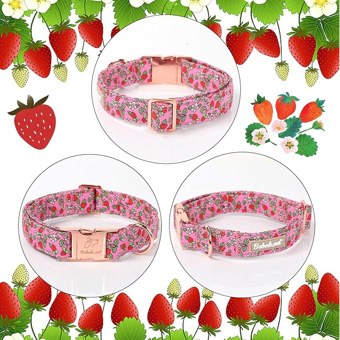 Sweet Strawberry Dog Collar, Cute Pink Summer Pet Collar with Metal Buckel, Durable Adjustable Designer Dog Collars for Small Medium Large Dogs L