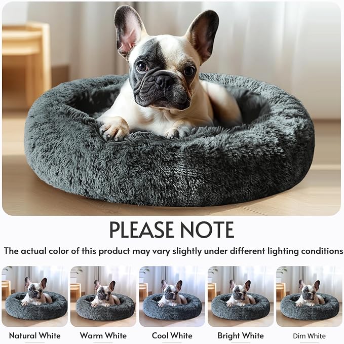 JOLLYVOGUE Calming Dog Bed Medium Size Dog, Anti-Anxiety Donut Medium Pet Bed, 27 inches Fluffy Faux Fur Round Cat Bed (Navy Grey)
