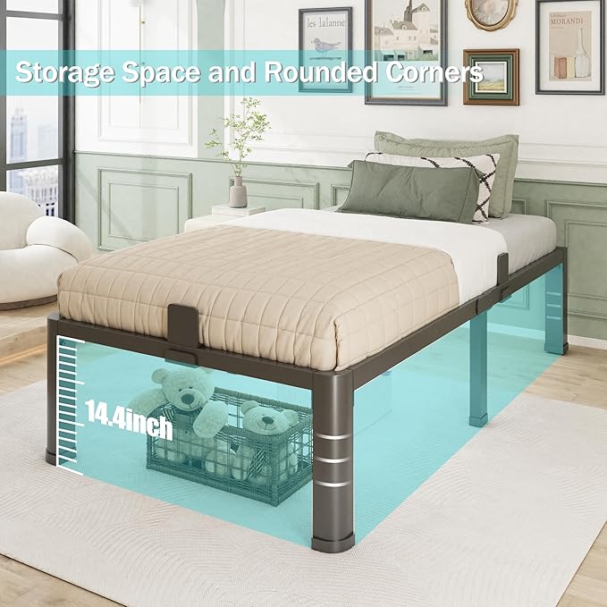 16 Inch Twin Bed Frame with Rounded Corner and Headboard Hole Mattress Retainers 3500 lbs Heavy Duty Support Metal Platform Bed Frame Noise Free No Box Spring Needed Easy Assembly