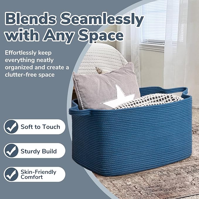 Goodpick Large Blanket Basket, Storage Baskets for Organizing, Rectangle Woven Basket for Clothes, Towels, Toy Baskets Storage Kids, 21.6" x 14.9" x 11.8"