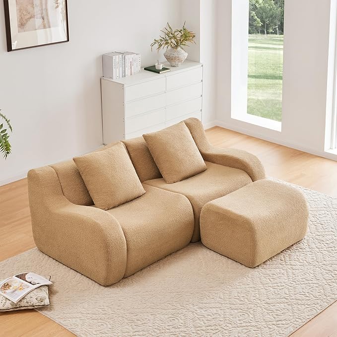 Camel Modular Cloud Couch Loveseat with 1 Ottoman, Teddy Fabric Boneless Sectional Sofa in a Box, Comfortable Floor Sofa for Living Room, No Assembly Required, Sofas para Sala