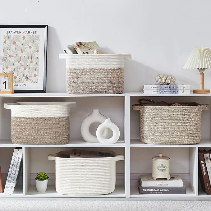 Storage Basket for Organizing, Woven Baskets for Storage, Rectangle Decorative Baskets for Shleves, Closet, Toys, Books, Nursery Organizer Bins - Pack of 3 (Brown & White, 13"x9.85"x8.7")