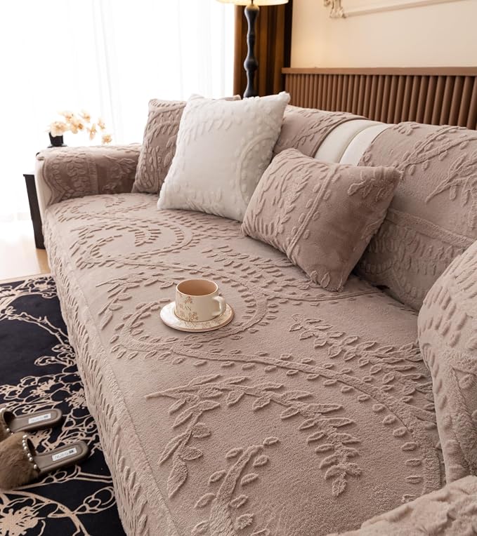 Fuzzy Rabbit Plush Sofa Cover Cozy Warm Sofa Couch Covers with 3D Jacquard Leaf Pattern Non-Slip Easy-to-Install Shaggy Sofa Slipcover Prefect for Kids Dogs Cats Cats(Cream Coffee,36"x70")