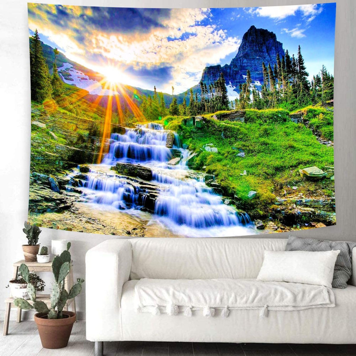 Delur Mountain Waterfall Tapestry Sunset Forest Tree Nature Landscape Tapestry Wall Hanging Tropical Sunrise Rainforest Psychedelic Scenic Headboard for Bedroom Living Room Home Decor (70.8" x 92.5")