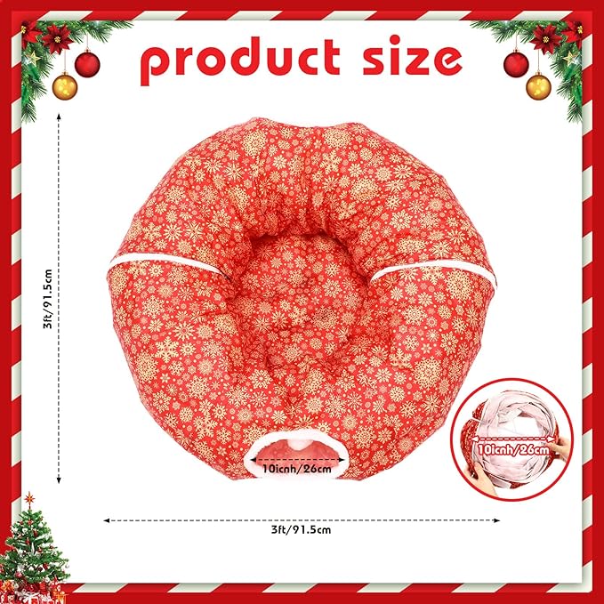 Cat Tunnel Bed Under Christmas Tree 36'' Kitten Circle Donut Tunnel Skirt with Ball Mat Decorative Xmas Folding Home Kitty Guard Tube Holiday Party Indoor Pet(Red Gold,Snowflake)