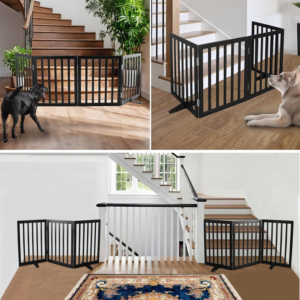 ZJSF Freestanding Indoor Dog Gate for House Foldable Wood Puppy Gate for Doorways Pet Gate for Stairs Extra Wide Pet Fence, Black, 24" Height 4 Panels