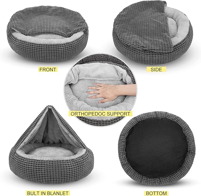 SIWA MARY Small Dog Bed with Attached Blanket, Cozy Donut Cuddler Anti-Anxiety Hooded Pet Beds Calming Cave Bed. Orthopedic Round Puppy Beds for Dogs or Cats Washable, Anti-Slip Bottom, 23inch