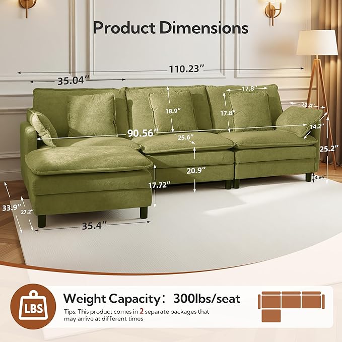 Claiks 110" Modular Sectional Sofa, Cloud Couch with Ottoman, L-Shaped 4-Seater Sofa in Chenille Fabric, Deep Seat Comfy Couch with Pillows for Living Room & Offices, Green