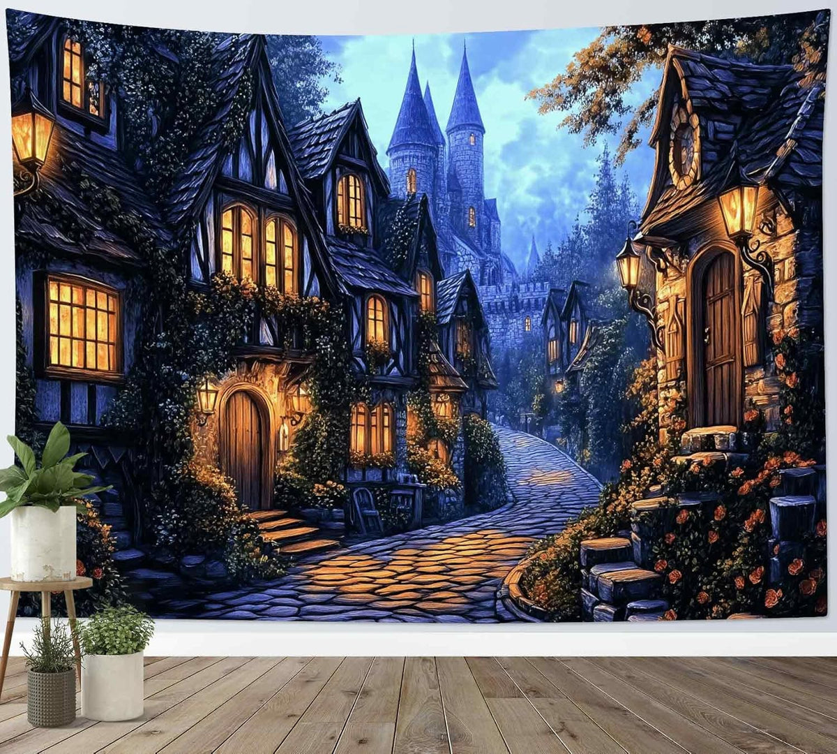 LB Vintage Castle Tapestry, Night Street Old House and Green Tree Wall Tapestry for Bedroom Aesthetic, Village Gothic Wall Art for Living Room Dorm Home Decor Ready to Hanging, 92.5 x 70.9 Inches