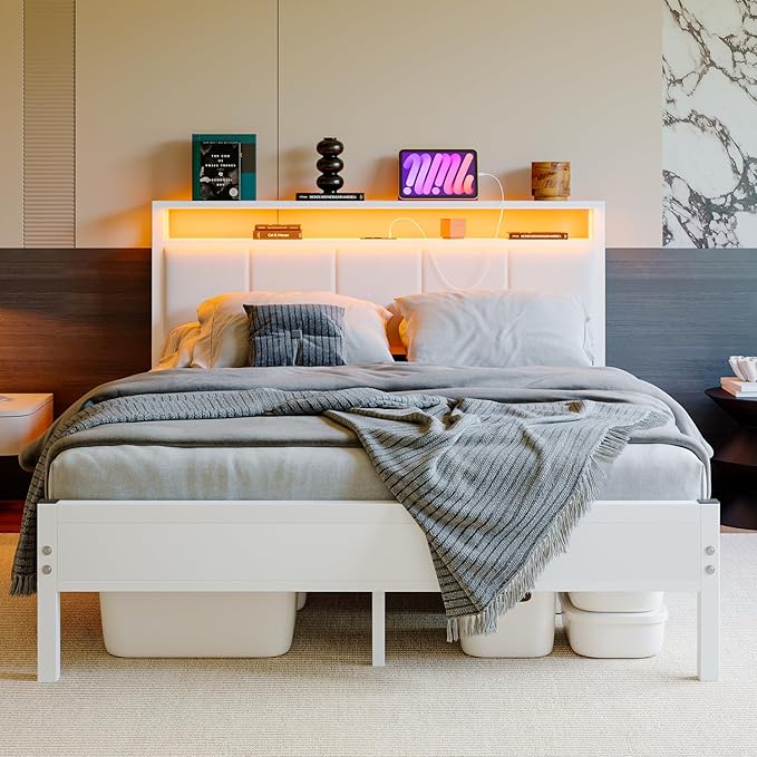Queen Bed Frame with Headboard Storage,Upholstered Platform Bed Frame Queen Size with Charging Station and LED Lights No Box Spring Needed,Heavy Duty Steel Slats,Noise Free,White