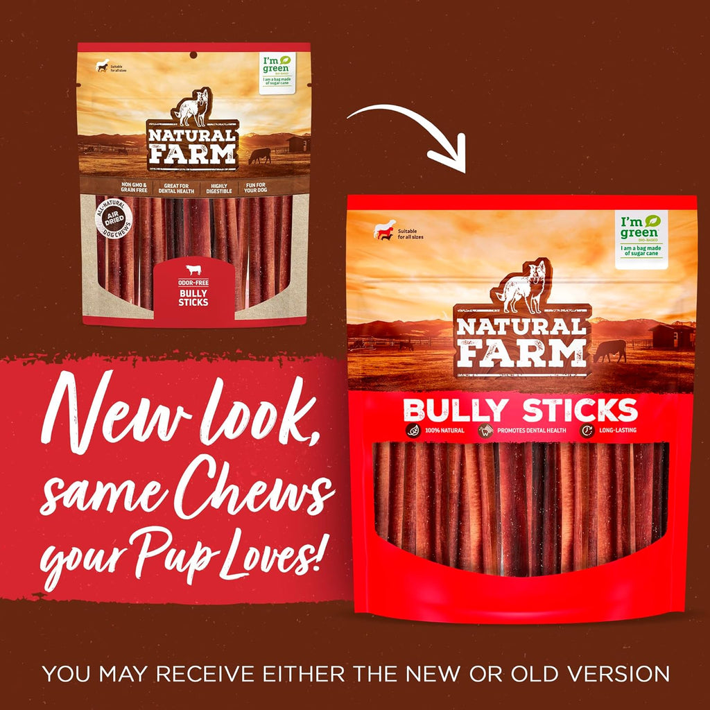 Natural Farm Odor-Free Thin Bully Sticks (12”, 25-Pack) All-Natural Long-Lasting Dog Chews, 100% Beef Pizzle, Grass-Fed, Grain-Free, Protein for Muscle Development & Energy, Perfect for Large Dogs