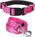 Soft Neoprene Padded Dog Collar and Leash Set for Small Medium Large Dogs, Reflective Durable Nylon Dog Collar with 5ft Leash Easy for Walking, Hot Pink,Neck fit 14.0-23.5’’