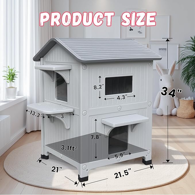 Plastic 2 Story Outdoor Cat House with Soft Mat,Insulated Cat House for Outdoor Cats with Escape Door, Waterproof Outside Cat Shelter, Clean and Assemble Easily
