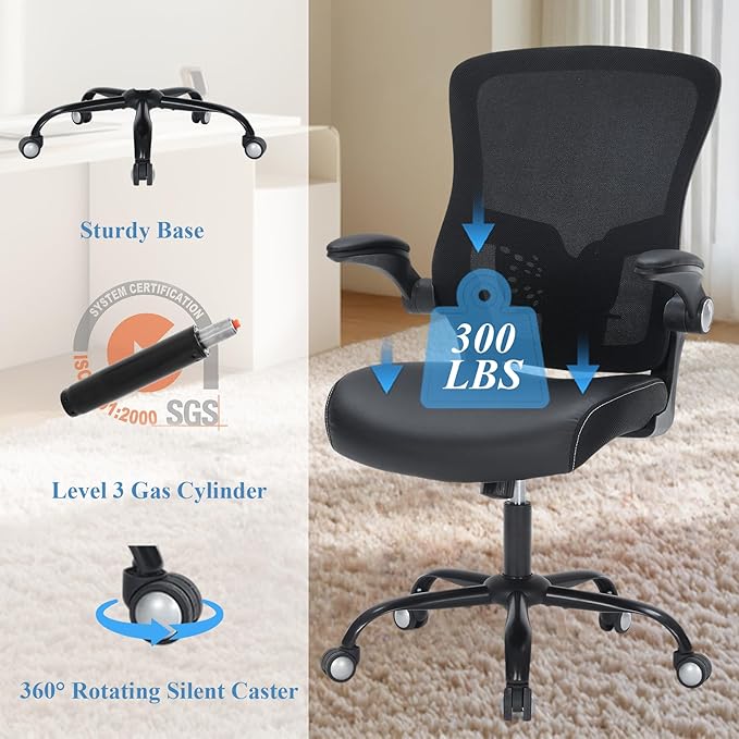 Office Chai PU Leather Cushion, Ergonomic Desk Chair with Flip-Up Arms, 300 LBS Home Office Desk Chairs Adjustable Seat Height & Lumbar Support, Executive Comfy Swivel Task Computer Chair