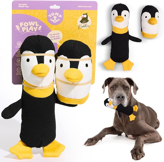 Yomp Penguin Dog Toy – Durable Stuffed, No Squeaker Dog Toys with Natural Canvas and Crinkle Paper – Interactive Stuffed Animal for Dogs (2-Pc Waddles Set)