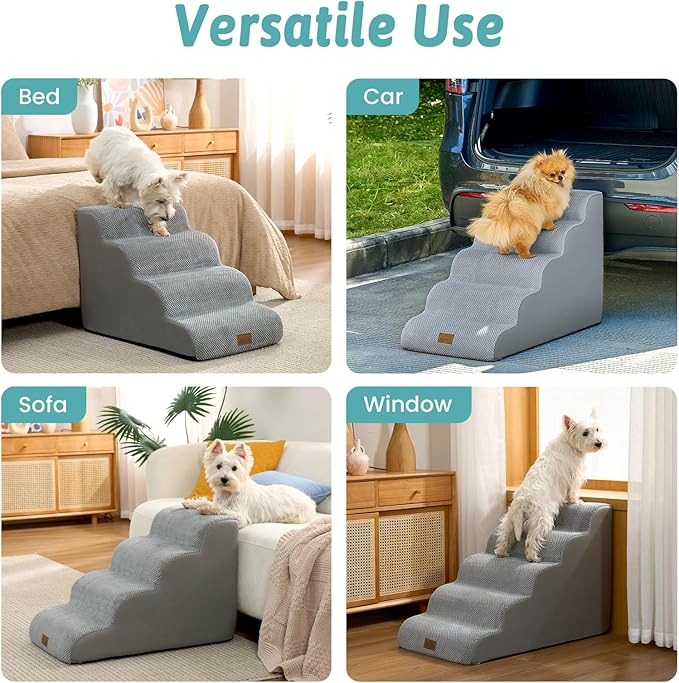 Dog Stairs for Small Dog 19.7" H, Pet Step for Puppy, Older Cat, Curved Ramp for High Bed or Car, Stairs with High Density Foam, Lightweight, Durable, 4 Step, 17.7x28x19.7 inch, Grey
