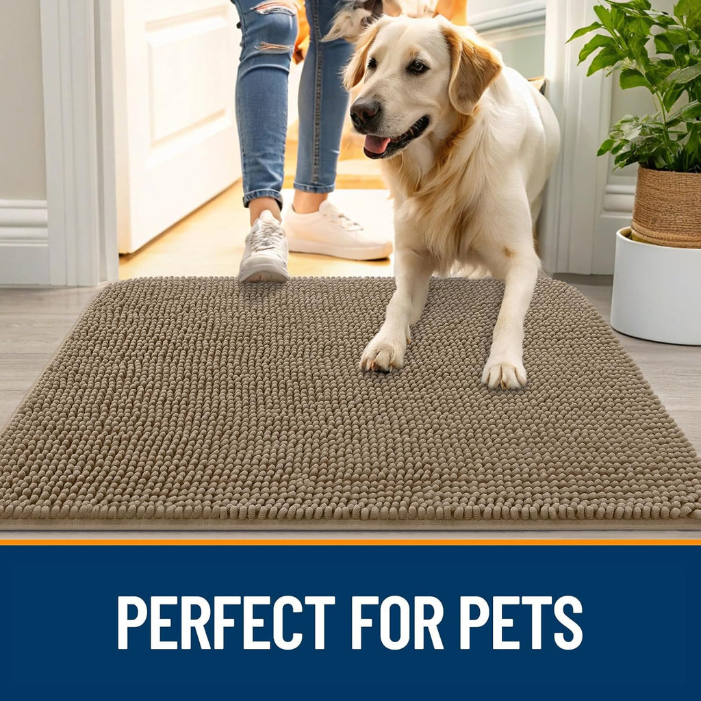 OLANLY Dog Door Mat for Muddy Paws 40x24, Absorbs Moisture and Dirt, Absorbent Non-Slip Washable Doormat, Quick Dry Chenille Mud Mat for Dogs, Entry Indoor Entryway Carpet for Inside Floor, Tan