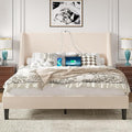 VECELO Queen Bed Frame with Upholstered Wingback Headboard, Heavy-Duty Platform Bedframe with Charging Station, Wooden Slats, No Box Spring Needed, Beige