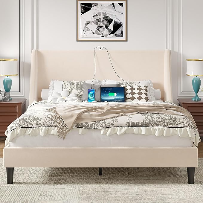 VECELO Queen Bed Frame with Upholstered Wingback Headboard, Heavy-Duty Platform Bedframe with Charging Station, Wooden Slats, No Box Spring Needed, Beige