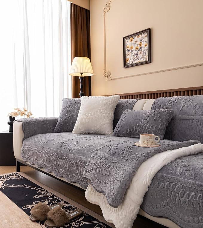 Grey Fuzzy Rabbit Plush Sofa Cover Cozy Warm Sofa Couch Covers with 3D Jacquard Leaf Pattern Non-Slip Easy-to-Install Shaggy Sofa Slipcover Prefect for Kids Dogs Cats Cats(Grey,36"x110")