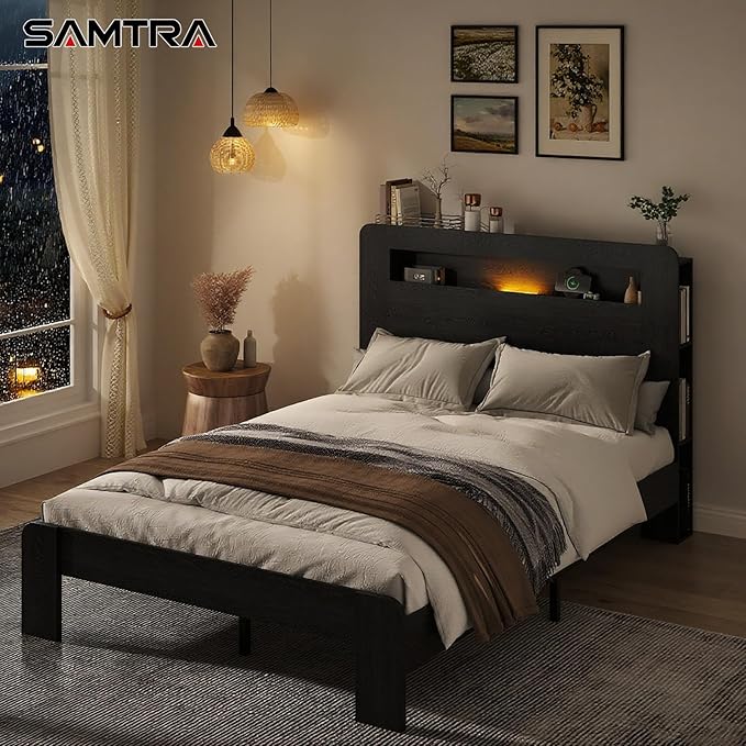 Wooden Bed Frame Full Size with Storage Headboard - Farmhouse Platform Bed Frame with Bookcase Shelf & Led Lights, Sturdy Wood Slat Framework Bed Frame (Black LED)