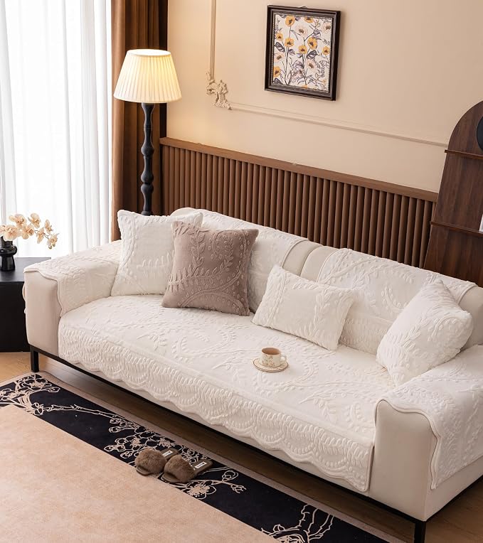 White Fuzzy Rabbit Plush Sofa Cover Cozy Warm Sofa Couch Covers with 3D Jacquard Leaf Pattern Non-Slip Easy-to-Install Shaggy Sofa Slipcover Prefect for Kids Dogs Cats Cats(White,36"x47")