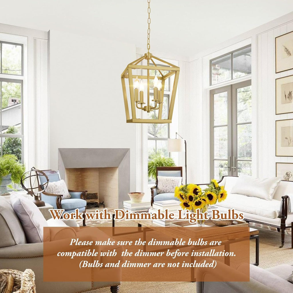 Gold Chandelier 4-Light, Farmhouse Pendant Light Fixture Adjustable Height, Modern Dining Room Light Fixture, Lantern Ceiling Hanging Lighting with Metal Cage for Kitchen Island Entryway Foyer