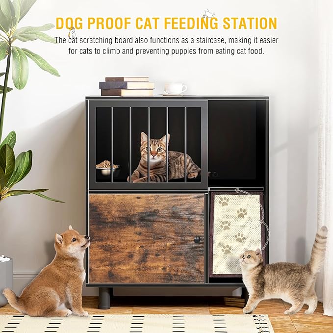 Dog Proof Cat Feeding Station, Cat Feeding Station with Scratching Board, Raised Bowls for Indoor Cats, Elevated Food Bowls with Stand, Vintage Black Furniture