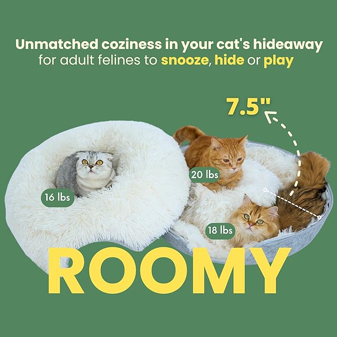 CATTASAURUS Peekaboo Cat Cave for Multiple & Large Cats Up to 30-45 Lbs, Fluffy Cat Beds for Indoor Cats, Scratch Detachable & Washable Tunnel Bed, Comfy Donut Cave (Light Gray, Large (Calming))